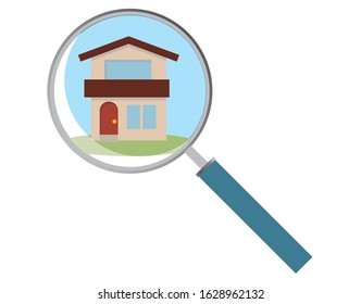 Illustration of house (detached house) and magnifying glass, image icon of inspection, asset, survey.