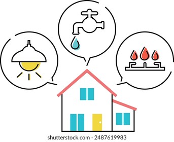 Illustration of house with electricity, gas, and water