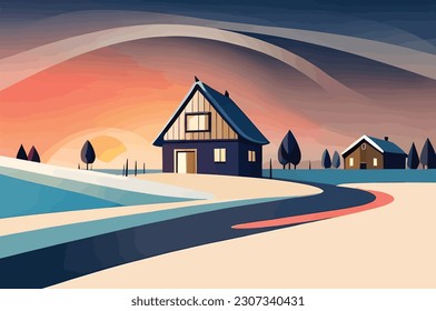 illustration of a house in a field with trees  background.