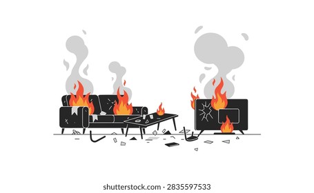 Illustration of a house fire with a burning sofa coffee table and television amidst thick smoke and scattered debris.