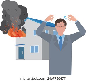 Illustration of a house fire and a man panicking