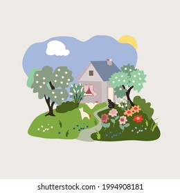 illustration with house, flowers and chicken, vector design for paper fabric and other surface