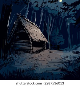 illustration of a house in the forest. mysterious house in the forest. Vector illustration of a mysterious house at night.