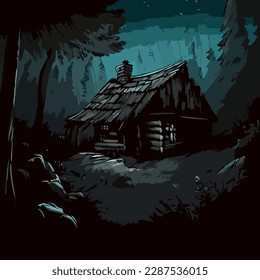 illustration of a house in the forest. mysterious house in the forest. Vector illustration of a mysterious house at night.