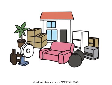  Illustration of a house, furniture, and oversized garbage (color)