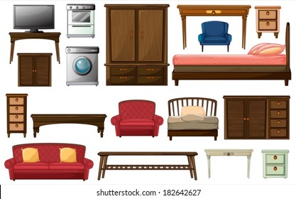 Illustration of the house furnitures and appliances on a white background