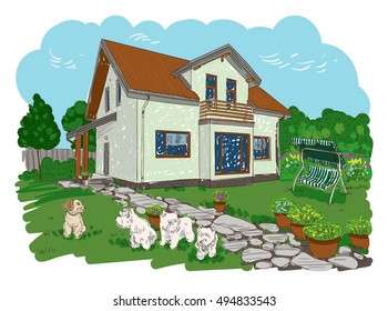 Illustration with House and garden. Kraft papier. Hand drawing. Vector painting 