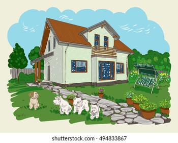 Illustration with House and garden. Vector drawing. 