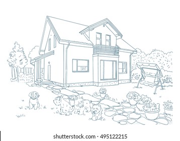 Illustration mit Haus und Garten. Vektorgrafik. Tinte