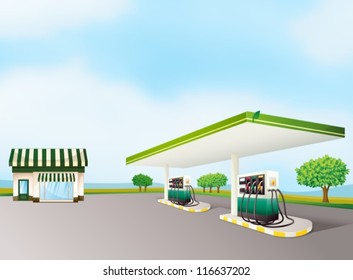 illustration of a house and a gas station in a beautiful nature