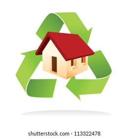 Illustration of house with green recycle symbol as a low impact home