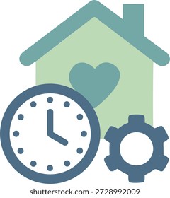 Una ilustración de una casa con un corazón, un reloj y un engranaje mecánico. Representa el mantenimiento del hogar, la gestión del tiempo y los conceptos de productividad doméstica.