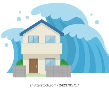 Illustration of a house hit by a tsunami