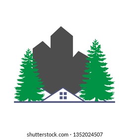 illustration of a house icon and a banyan tree vector clip art