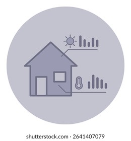 Illustration of house icon displaying sun rays and thermometer, symbolizing energy efficiency and temperature monitoring in residential spaces, relevant for smart home technology discussions