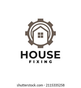 illustration of a house inside a gear shape. house fixing, home developer logo vector template.