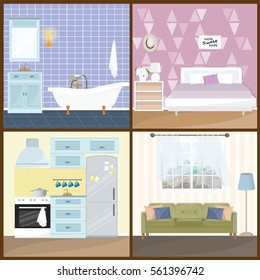 Illustration of house interior: living room, kitchen, bedroom and bathroom. Flat style vector illustration.