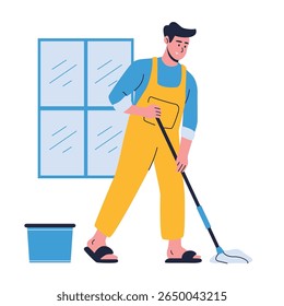 Illustration of an House Keeper Mopping Floor Cartoon