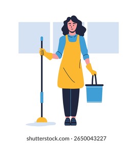 Illustration of an House Keeper Mopping Floor Cartoon