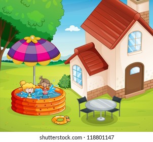 illustration of a house and kids in a beautiful nature