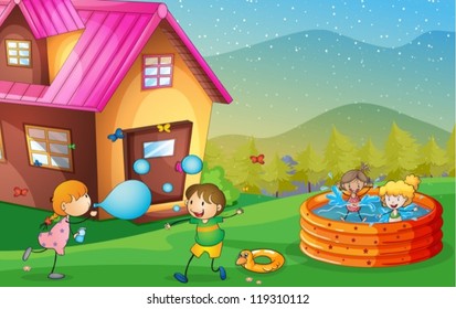 illustration of a house and kids in a beautiful nature