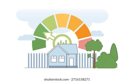 Ilustración de una casa con un medidor de rendimiento Grande que indica una alta eficiencia energética en la zona verde. Centrarse en la vida sostenible.