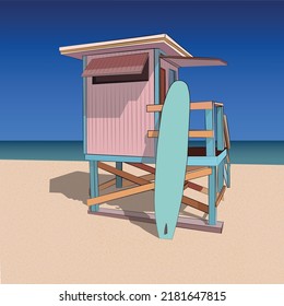 Illustration House lifeguard on the beach, coast, surf, ocean. Summer