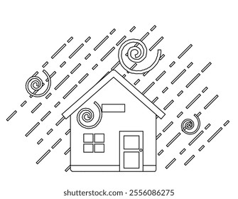 Illustration of a house in disaster.　Black-and-white line drawing of a house icon.