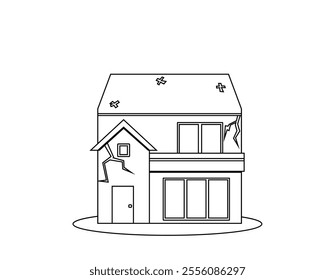 Illustration of a house in disaster.　Black-and-white line drawing of a house icon.