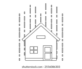 Illustration of a house in disaster.　Black-and-white line drawing of a house icon.