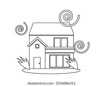 Illustration of a house in disaster.　Black-and-white line drawing of a house icon.