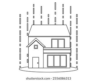 Illustration of a house in disaster.　Black-and-white line drawing of a house icon.