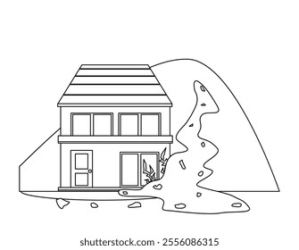 Illustration of a house in disaster.　Black-and-white line drawing of a house icon.