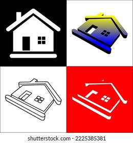 Illustration house logo with 2D and 3D view on black, white and red background
