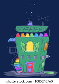 Illustration of a House Made From a Box Full of Crayons with a Terrace and Stairs Outside