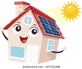 Illustration of a House Mascot Looking Up with Solar Panels on the Roof