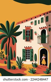 illustration house in mexico theme wall art print matisse style poster in vector flat color style