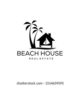 Illustration of a house on a beach with beautiful palm trees and waves logo design