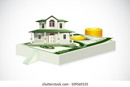 illustration of house on dollar note with gold coin