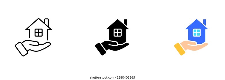 An illustration of a house on a hand, representing the concept of homeownership, real estate, and property investment. Vector set of icons in line, black and colorful styles isolated.