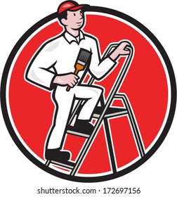 Illustration of a House painter with paintbrush standing on ladder on isolated white background done in cartoon style.