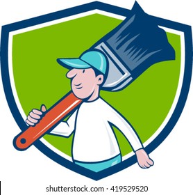 Illustration of a house painter walking carrying giant paintbrush on shoulder viewed from the side set inside shield crest on isolated background done in cartoon style. 