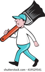 Illustration of a house painter walking carrying giant paintbrush on shoulder viewed from the side set on isolated white background done in cartoon style. 