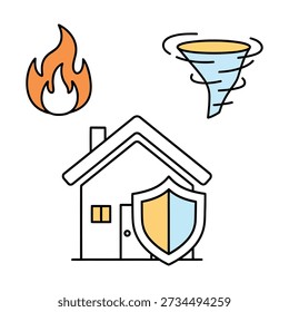 Illustration of a house protected by a shield, with icons of fire and a tornado symbolizing disaster protection and insurance.