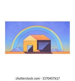 illustration of a house with a rainbow background behind it