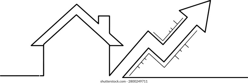 Illustration of house roof layout intersecting with an upward financial chart arrow, property value growth, hand drawn outline vector illustration.