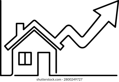 Illustration of house roof layout intersecting with an upward financial chart arrow, property value growth, hand drawn outline vector illustration.