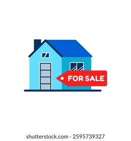 Illustration of a house with a For Sale sign. Real estate ads, suburban property listings, eco-friendly housing promotions, or visuals of family life. Graphic elements 