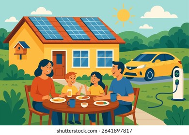 Illustration of a house with solar panels, an electric car charging nearby. A family having lunch on the lawn.
