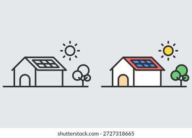 Ilustração de uma casa com painéis solares instalados em seu telhado. Tema ambiental. Tecnologia ecologicamente correta, ilustração vetorial.
